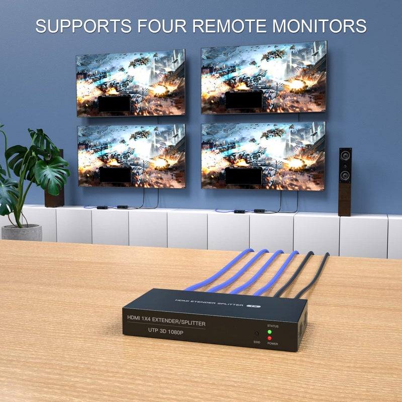 PWAYTEK HDMI Extender Splitter 1x4 1080P@60Hz Over Cat 5E/6/7 Ethernet Cable 50m (165ft) Support EDID Copy POC Function (1 in 4 Out) - Image 3